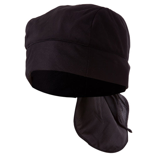 Thorzt Cool Cap: Black, featuring a mesh scarf and adjustable ties, designed for evaporative cooling. Perfect under helmets or alone, it aids in moisture absorption and stays cool when wet. Ideal for safety gear enthusiasts.