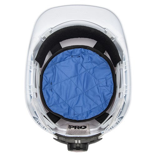 Thorzt Hard Hat Cooling Crown Pad displayed on a helmet, featuring a blue cover designed to attach easily for comfort and cooling during active work, ideal for enhancing safety gear efficiency.
