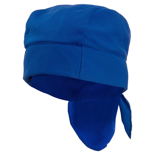 Thorzt Cool Cap: Royal Blue features an adjustable design with evaporative cooling technology, ideal for wearing under helmets or alone, showcased alongside a coordinating scarf, highlighting its practicality for active safety environments.