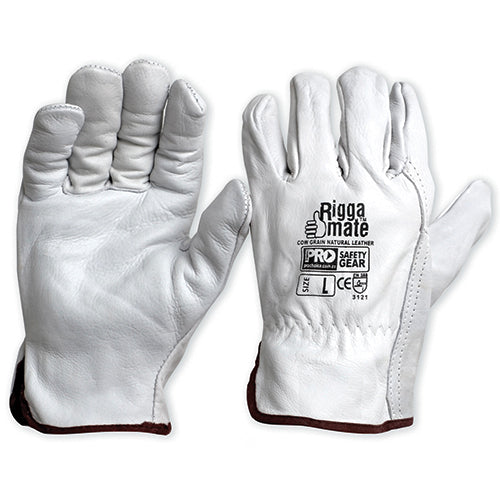 Pro Riggamate Leather Rigger Glove featuring durable cow grain leather with a wing thumb and stitch-free palm, ideal for construction and materials handling. Suitable for safety-focused tasks, offering reliable hand protection.