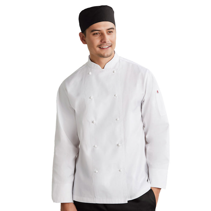 Load image into Gallery viewer, Biz Mens Al Dente Long Sleeve Chef Jacket with double-breasted front, mandarin collar, and full-length sleeves features added apron tab and dual sleeve pockets, designed for durability and functionality in demanding kitchen environments.