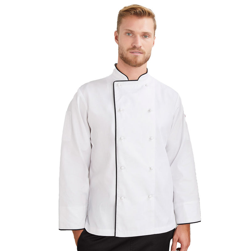 Load image into Gallery viewer, Biz Mens Al Dente Long Sleeve Chef Jacket with a durable, double-breasted design, mandarin collar, and functional sleeve pockets for pens or thermometers, ideal for professional kitchen settings.