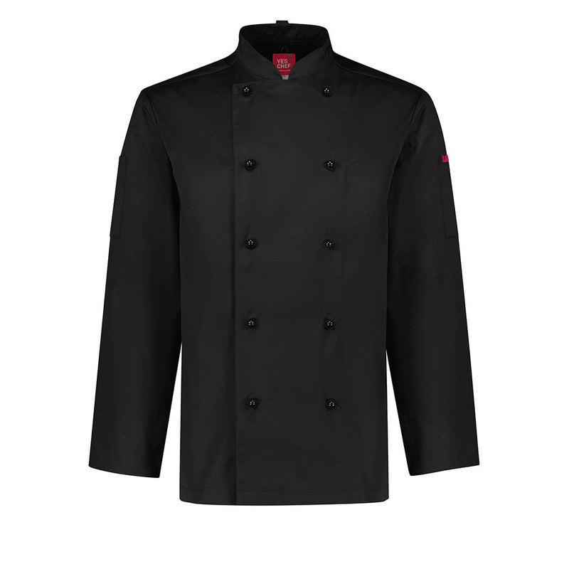 Load image into Gallery viewer, Biz Mens Al Dente Long Sleeve Chef Jacket featuring a durable, double-breasted design with a mandarin collar, turn-back cuffs, apron tab, double sleeve pockets, and matching buttons, ideal for professional kitchen settings.
