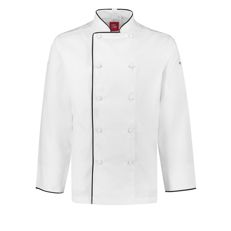 Load image into Gallery viewer, Biz Mens Al Dente Long Sleeve Chef Jacket showcasing a durable, traditional design with a double-breasted front, mandarin collar, apron tab, and double sleeve pockets, ideal for professional kitchen use.
