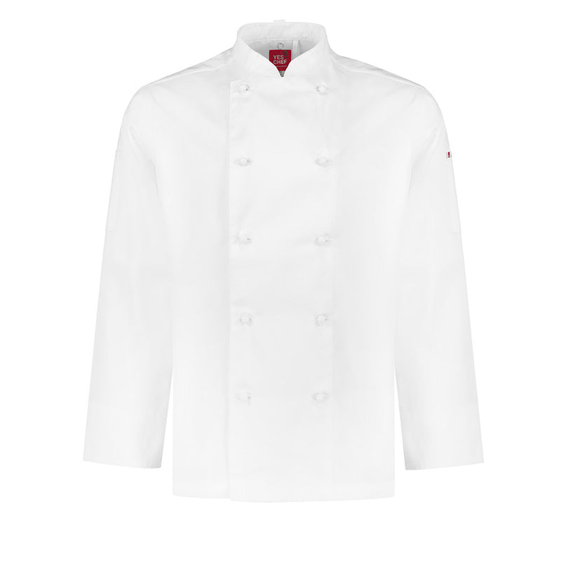 Load image into Gallery viewer, Biz Mens Al Dente Long Sleeve Chef Jacket with mandarin collar, double-breasted front, and apron tab; features double sleeve pockets and side splits, ideal for durability and functionality in professional kitchens.