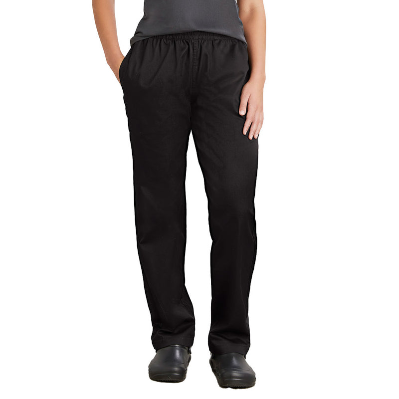 Load image into Gallery viewer, Biz Womens Dash Chef Pant offers modern, loose-fitting design with a wide elasticated waistband and drawstring, featuring deep side and back pockets, ideal for comfort and practicality in professional kitchens.