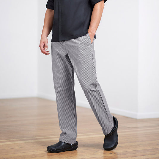 Biz Dash Mens Chef Pant featuring a loose fit for nonrestrictive movement, elasticated waist with drawcord, and practical deep pockets. Designed for comfort and durability in busy kitchen environments.