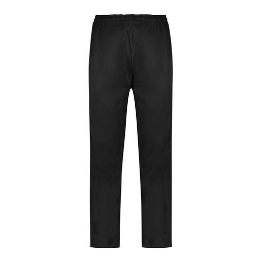Biz Dash Mens Chef Pant with full-length poly/cotton blend, designed for comfort and mobility in kitchens; features elastic waist, adjustable drawcord, and practical deep side and back hip pockets.