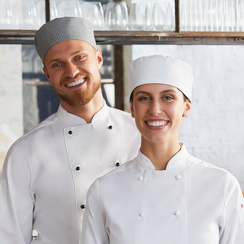 Load image into Gallery viewer, Biz Chef Cap with a classic flat top and wide band, featuring an elasticated back for comfort. Made from a durable polyester-cotton blend, ideal for chefs seeking reliable all-day wear.