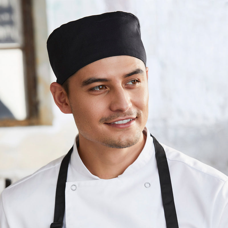 Load image into Gallery viewer, Biz Chef Cap featuring a flat top and wide band, designed for comfort with an elasticated back. Ideal for chefs, it offers a blend of polyester and cotton, ensuring durability and fit.