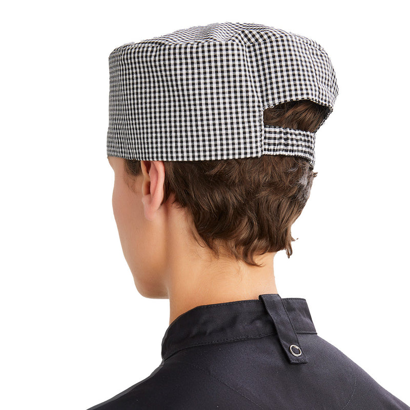 Load image into Gallery viewer, Biz Chef Cap with a flat top and wide elasticated band, offering a comfortable fit for chefs. Made from durable polyester-cotton blend, ideal for professional kitchen settings.