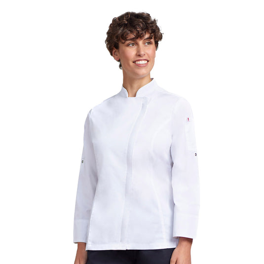 Biz Womens Alfresco Long Sleeve Chef Jacket features a lightweight design with a concealed zip front and roll-up sleeves, offering comfort with mesh ventilation and practical thermometer pockets, ideal for professional kitchen environments.