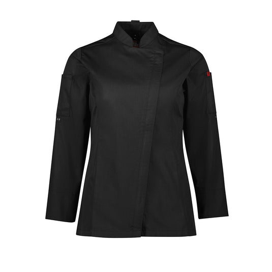 Biz Womens Alfresco Long Sleeve Chef Jacket features a sleek zip front, Mandarin collar, and roll-up sleeves. Designed for kitchen efficiency with underarm ventilation and practical pockets, ideal for professional culinary settings.