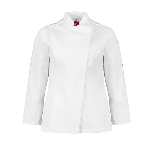 Biz Womens Alfresco Long Sleeve Chef Jacket features a minimalist design with concealed zip closure, mandarin collar, roll-up sleeves, and underarm mesh ventilation, ideal for professional kitchen environments.