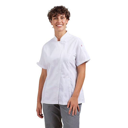 The Biz Womens Alfresco Short Sleeve Chef Jacket features a lightweight, durable design with a concealed zip front, mandarin collar, and underarm mesh ventilation, ideal for efficient kitchen work.