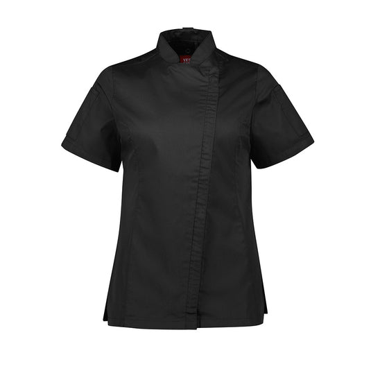 Biz Womens Alfresco Short Sleeve Chef Jacket showcases a minimalist design with a concealed zip front, mandarin collar, and underarm mesh ventilation, ideal for professional kitchens. Features sleeve pockets and roll-up sleeves.