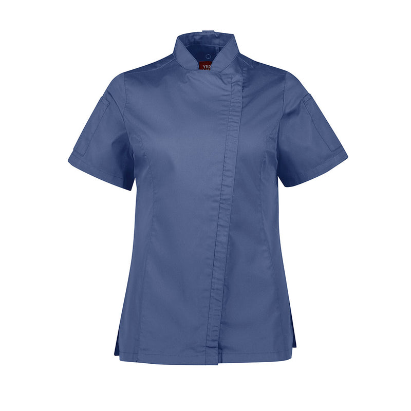 Load image into Gallery viewer, Biz Womens Alfresco Short Sleeve Chef Jacket showcases a sleek, minimalist design with a concealed zip front, mandarin collar, and underarm mesh ventilation, ideal for maintaining comfort and efficiency in professional kitchens.
