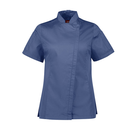 Biz Womens Alfresco Short Sleeve Chef Jacket showcases a sleek, minimalist design with a concealed zip front, mandarin collar, and underarm mesh ventilation, ideal for maintaining comfort and efficiency in professional kitchens.