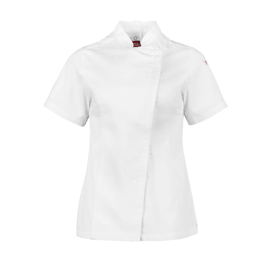 Biz Womens Alfresco Short Sleeve Chef Jacket features a lightweight, zip-front design with a mandarin collar and mesh ventilation, ideal for maintaining comfort and efficiency in professional kitchen environments.