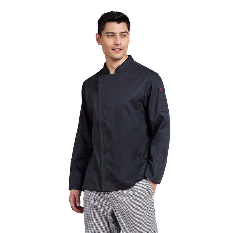Load image into Gallery viewer, Biz Mens Alfresco Long Sleeve Chef Jacket featuring a concealed zip front, mandarin collar, roll-up sleeves, and underarm mesh ventilation, designed for efficient kitchen work with durability and comfort in mind.