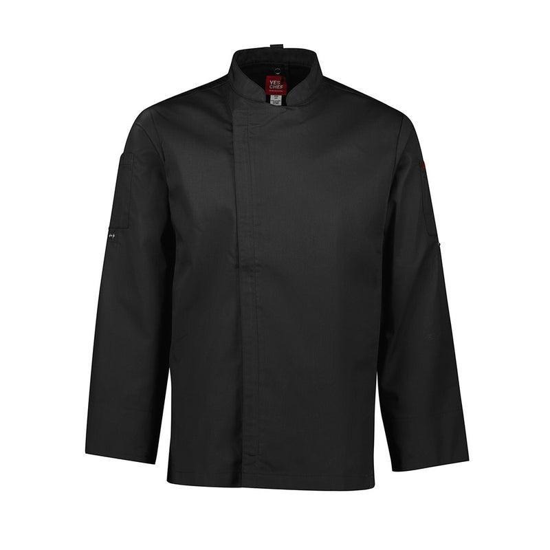 Load image into Gallery viewer, Biz Mens Alfresco Long Sleeve Chef Jacket features a concealed zip front, mandarin collar, and roll-up sleeves, designed for kitchen efficiency with underarm mesh for ventilation and side splits for mobility.