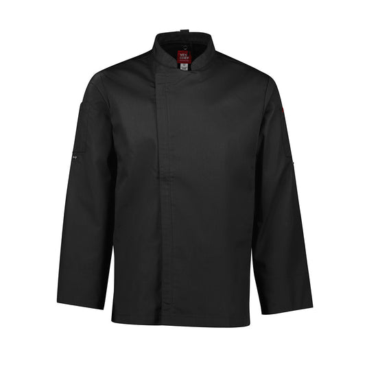 Biz Mens Alfresco Long Sleeve Chef Jacket features a concealed zip front, mandarin collar, and roll-up sleeves, designed for kitchen efficiency with underarm mesh for ventilation and side splits for mobility.