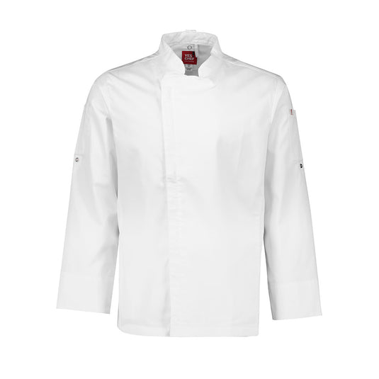 Biz Mens Alfresco Long Sleeve Chef Jacket features a zip front closure, underarm mesh ventilation, mandarin collar with apron tab, thermometer pockets, and roll-up sleeves, ideal for efficient kitchen work.