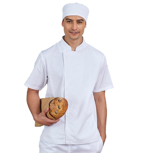 Biz Mens Alfresco Short Sleeve Chef Jacket features a lightweight design with a zip front, mandarin collar, underarm ventilation, and roll-up sleeves, ideal for professional kitchen use.