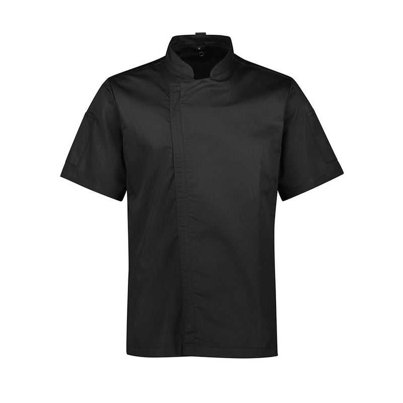 Load image into Gallery viewer, Biz Mens Alfresco Short Sleeve Chef Jacket with concealed zip front, mandarin collar, underarm mesh ventilation, and roll-up sleeve functionality, ideal for maintaining comfort and efficiency in professional kitchen settings.