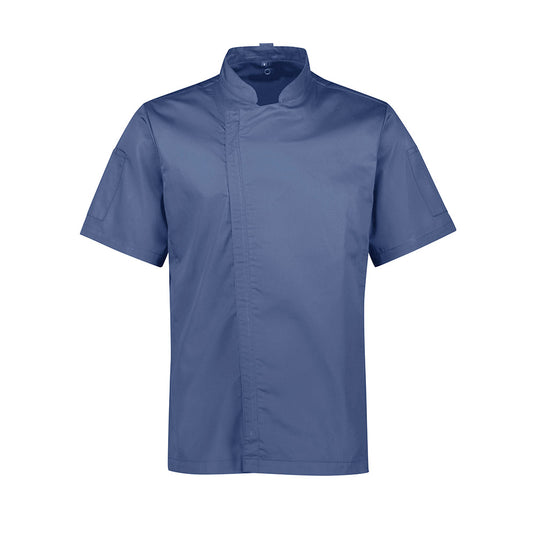 Biz Mens Alfresco Short Sleeve Chef Jacket with zip front closure, mandarin collar, and underarm mesh ventilation. Features roll-up sleeves and thermometer pockets, combining durability and comfort for efficient kitchen work.