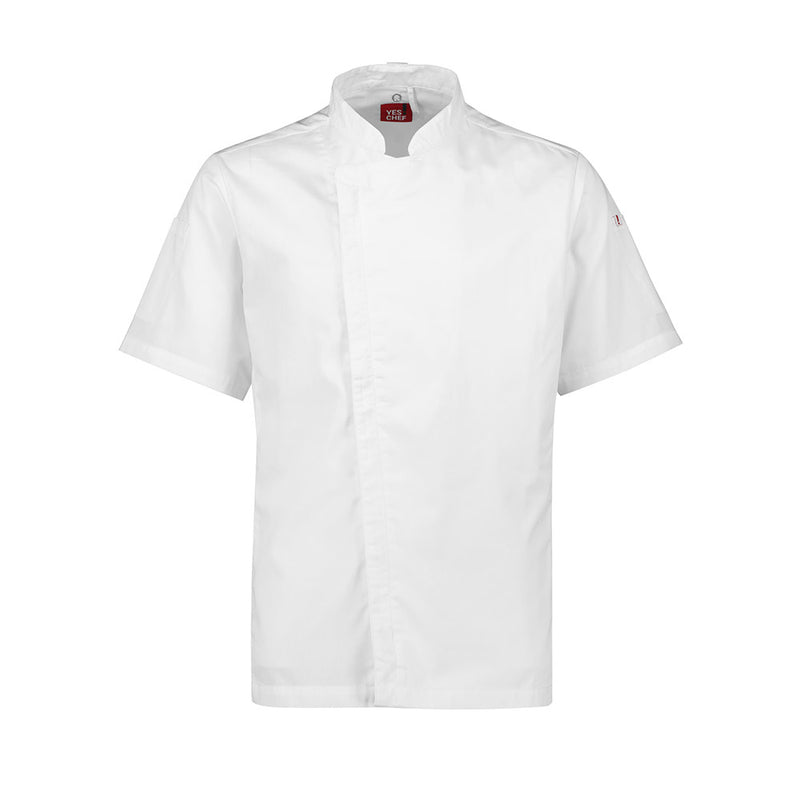 Load image into Gallery viewer, Biz Mens Alfresco Short Sleeve Chef Jacket with zip front closure, mandarin collar, and sleeve pockets. Made from recycled polyester and cotton, featuring underarm mesh ventilation and a roll-up sleeve function.