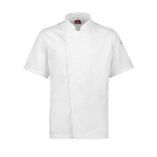 Biz Mens Alfresco Short Sleeve Chef Jacket with zip front closure, mandarin collar, and sleeve pockets. Made from recycled polyester and cotton, featuring underarm mesh ventilation and a roll-up sleeve function.