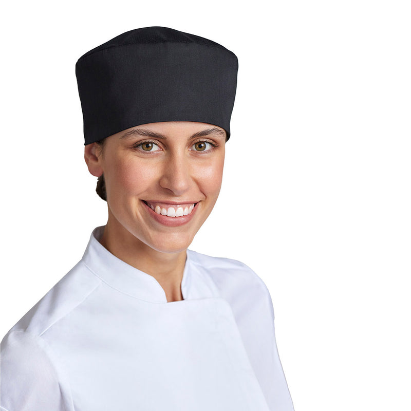 Load image into Gallery viewer, Biz Mesh Flat Top Chef Hat featuring a ventilated mesh top for airflow, crafted from recycled PET polyester and cotton twill. Designed with a wide band and elasticated back for comfort.