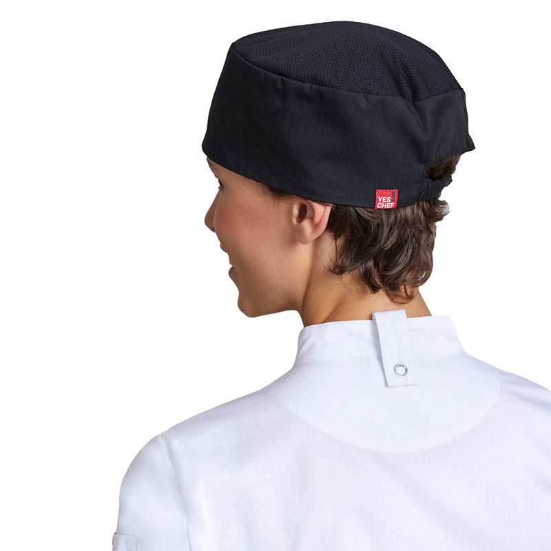 Load image into Gallery viewer, Biz Mesh Flat Top Chef Hat with a ventilated mesh top and classic flat shape, featuring a wide band and elasticated back for comfort. Ideal for maintaining coolness in workplace settings.
