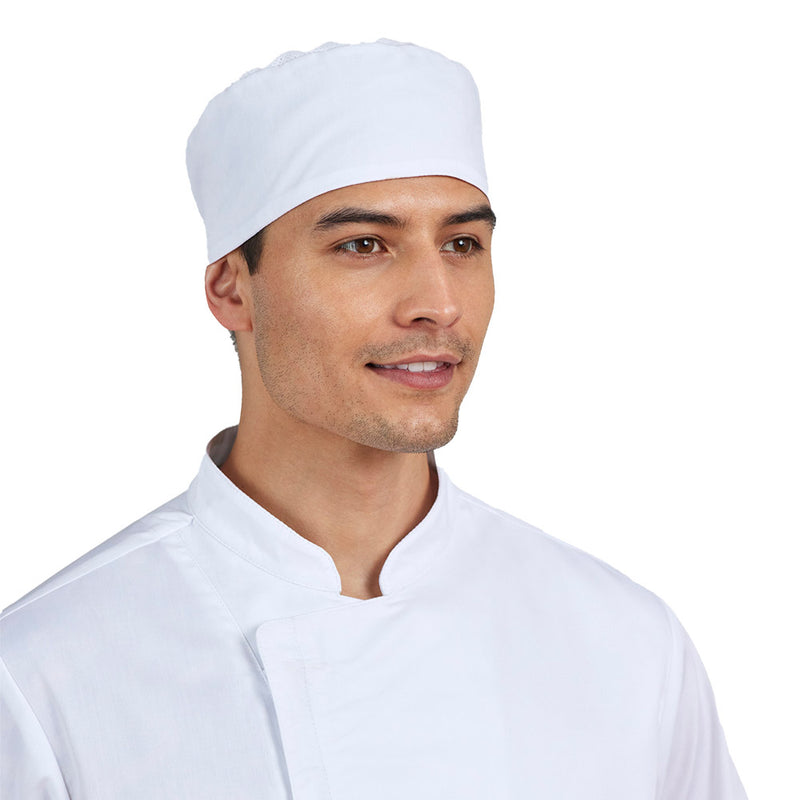 Load image into Gallery viewer, The Biz Mesh Flat Top Chef Hat features a ventilated mesh panel for airflow, crafted from recycled PET polyester and cotton twill, with a wide elasticated band for comfort, ideal for professional kitchen environments.