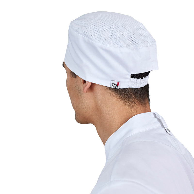 Load image into Gallery viewer, Biz Mesh Flat Top Chef Hat features a ventilated mesh top for airflow, a classic flat top shape, and a wide band with an elasticated back, offering a comfortable, one-size fit.
