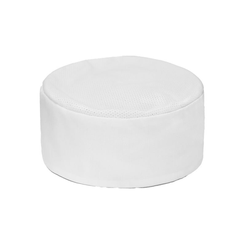 Load image into Gallery viewer, Biz Mesh Flat Top Chef Hat with a ventilated mesh top, flat shape, and wide elasticated band, designed for comfort and airflow. Made from 65% recycled PET polyester and cotton twill.