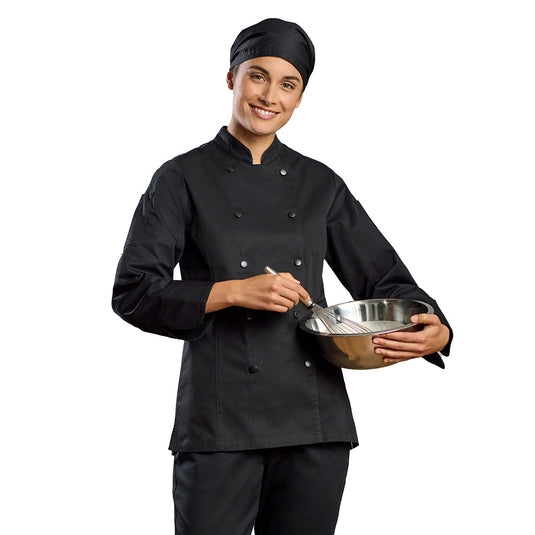 Biz Womens Gusto Long Sleeve Chef Jacket, expertly tailored in pure cotton with a double-breasted placket, injection mould press studs, cuffed sleeves, and sleeve pockets, ideal for professional kitchen wear.