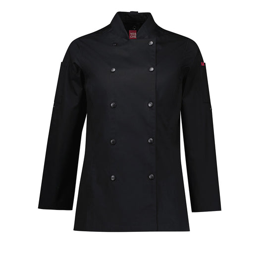 Biz Womens Gusto Long Sleeve Chef Jacket, tailored in durable 100% cotton twill, features a double-breasted placket, snap-secured rolled sleeves, and sleeve pockets, ideal for professional kitchen environments.