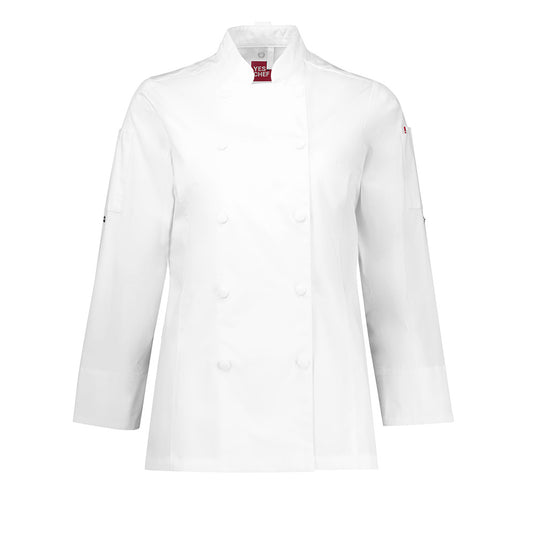 Biz Womens Gusto Long Sleeve Chef Jacket, crafted from durable 100% cotton twill, features a double-breasted placket, cuffed sleeves with secure tabs, and sleeve pockets, ideal for rigorous kitchen environments.