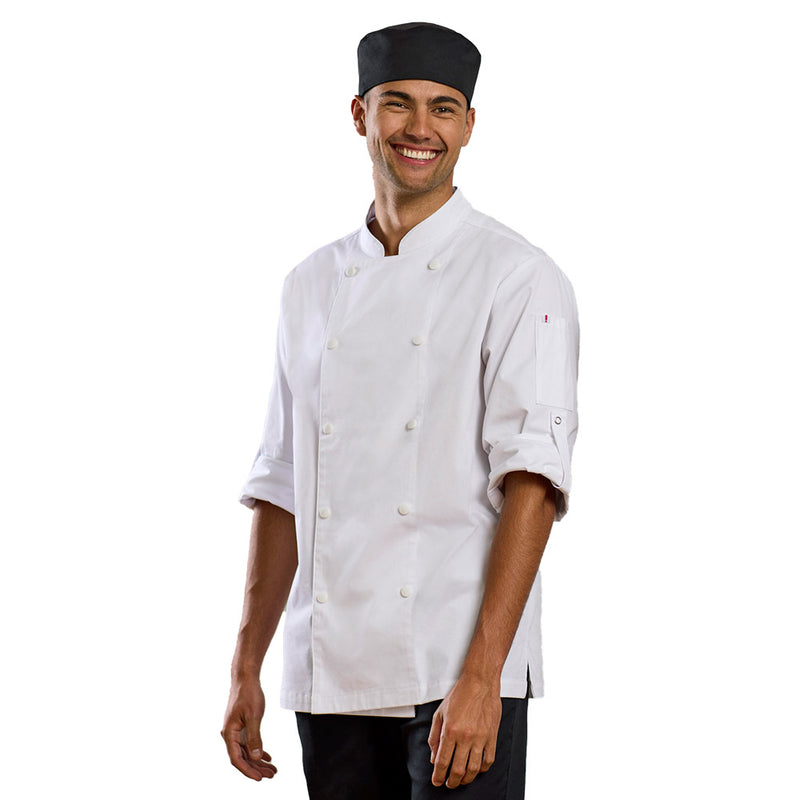 Load image into Gallery viewer, Biz Mens Gusto Long Sleeve Chef Jacket, expertly tailored in durable, mid-weight cotton twill, featuring a double-breasted placket, cuffed sleeves, sleeve pockets, and high-quality press studs for professional kitchen wear.