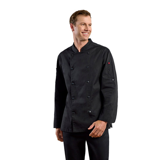 Biz Mens Gusto Long Sleeve Chef Jacket, expertly tailored in durable pure cotton with a double-breasted placket, cuffed sleeves, and secure press studs, ideal for professional kitchen use.