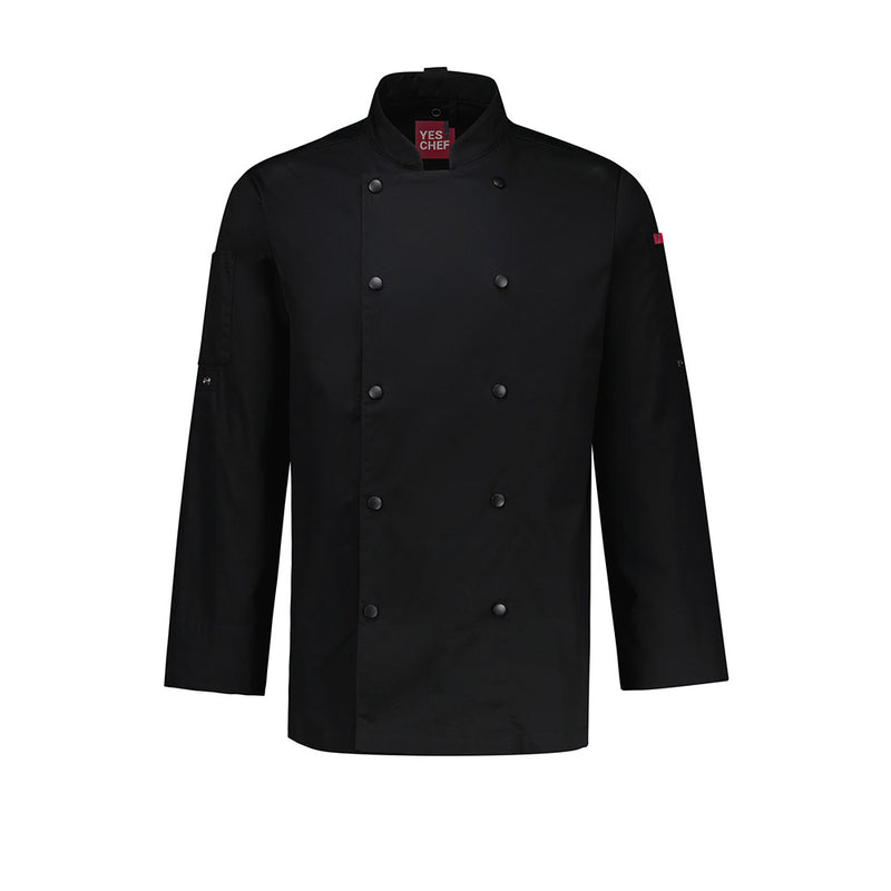 Load image into Gallery viewer, Biz Mens Gusto Long Sleeve Chef Jacket, expertly tailored for durability in kitchens, features cuffed sleeves, sleeve pockets, a double-breasted placket, and adjustable tabs for rolled sleeves, ideal for professional chefs.