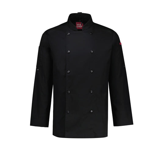 Biz Mens Gusto Long Sleeve Chef Jacket, expertly tailored for durability in kitchens, features cuffed sleeves, sleeve pockets, a double-breasted placket, and adjustable tabs for rolled sleeves, ideal for professional chefs.