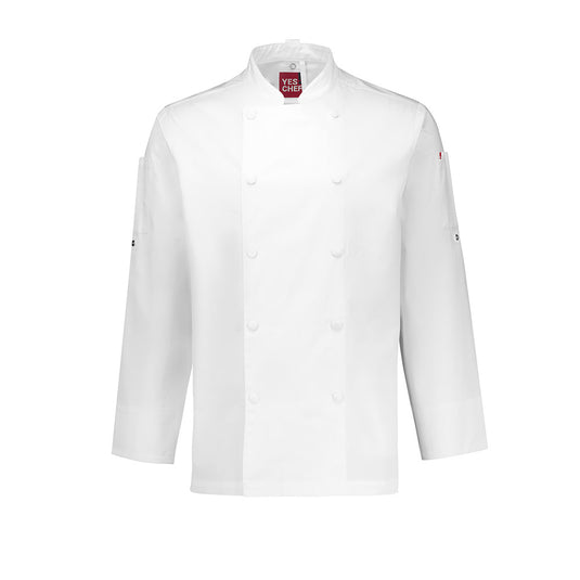 Biz Mens Gusto Long Sleeve Chef Jacket, expertly tailored in mid-weight pure cotton with double-breasted placket and high-quality press studs, featuring cuffed sleeves and convenient sleeve pockets for professional kitchen wear.