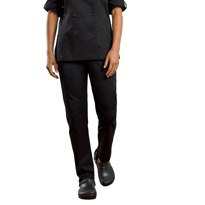 Load image into Gallery viewer, Biz Womens Saffron Chef Flex Pant in mid-weight stretch fabric, featuring a tapered fit, elasticated waist, multiple pockets including a thigh welt pocket, and knee patches for enhanced comfort and functionality.