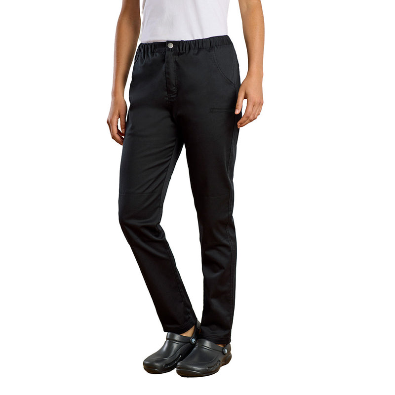 Load image into Gallery viewer, Biz Womens Saffron Chef Flex Pant showcases a tapered fit with an elasticated waist, multiple pockets, and knee patches, ideal for chefs seeking comfort and functionality in their workwear.