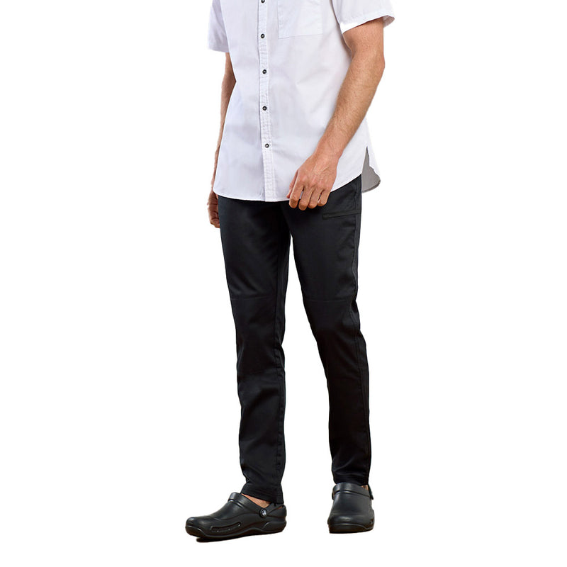 Load image into Gallery viewer, Biz Mens Saffron Chef Flex Pant in mid-weight stretch fabric, featuring a tapered fit, elasticated waist, multiple pockets including a thigh pocket, and knee patches for enhanced comfort and functionality.