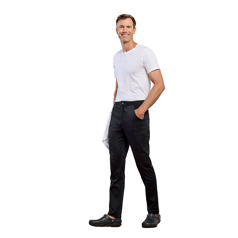 Load image into Gallery viewer, Biz Mens Saffron Chef Flex Pant in mid-weight stretch fabric features a tapered fit, elasticated waist with drawcord, multiple pockets including thigh pocket, knee patches, and tea towel tab.