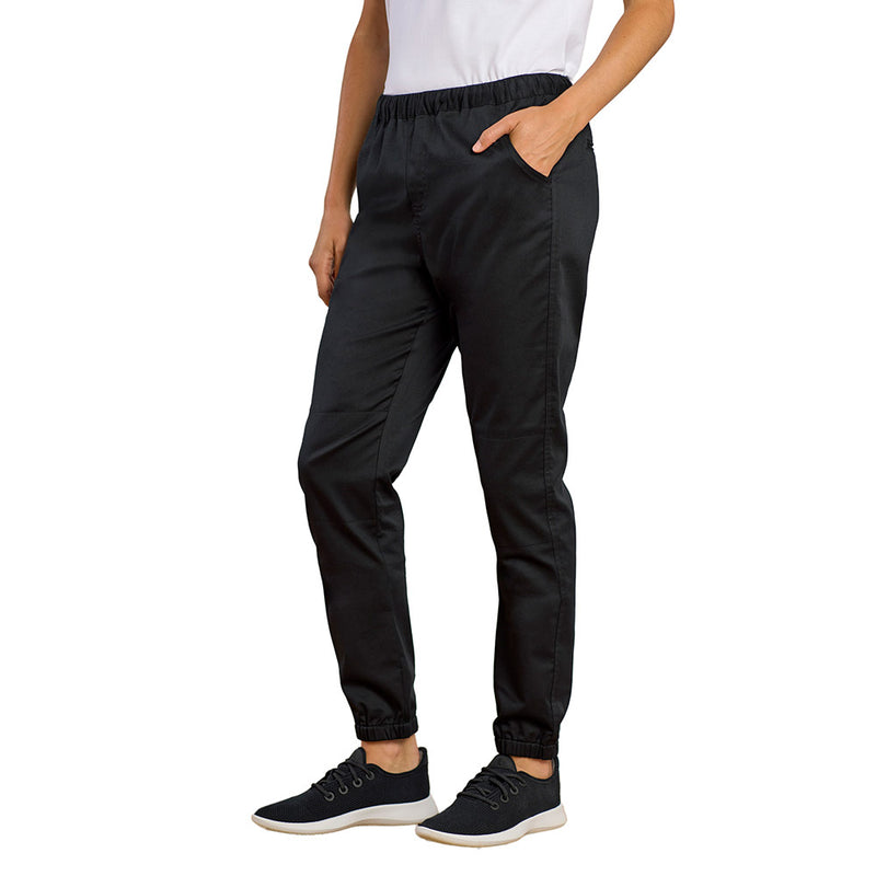 Load image into Gallery viewer, Biz Womens Cajun Chef Jogger Pant featuring a modern pull-on design with elastic waist and drawcord. Includes front shaped and back welt pockets, knee patches, elasticated hem, and a tea towel tab on the side.